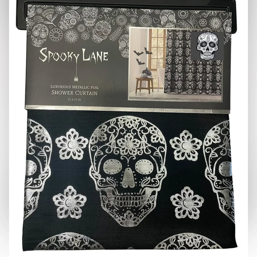 Halloween Sugar Skulls Black Metallic Silver Shower Curtain Goth Spooky NEW NWT